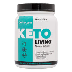 NaturesPlus KetoLiving collagen bottle label shows a keto friendly protein option for everyday support.