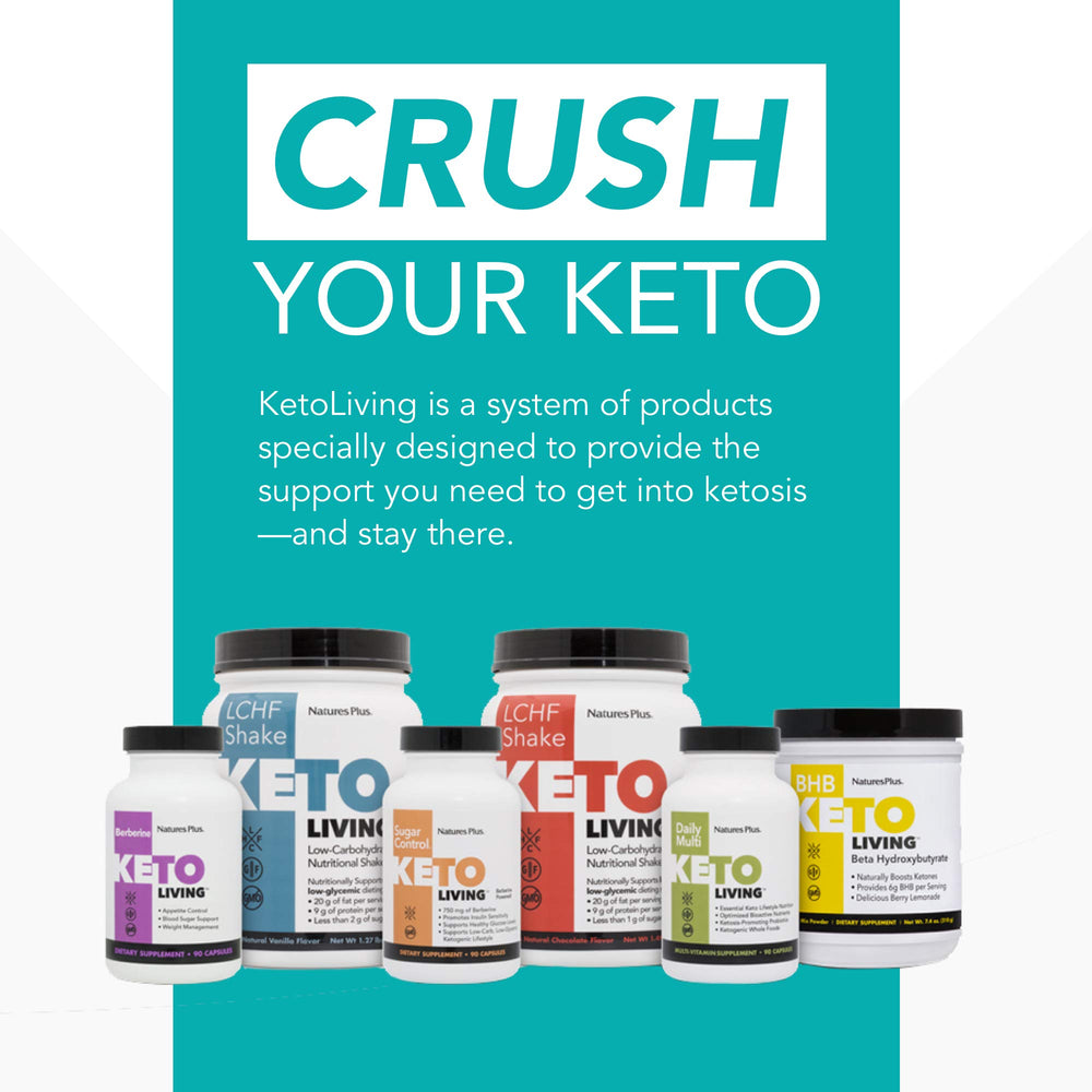 NaturesPlus KetoLiving keto diet setup image suggests convenient zero carb protein for busy days.