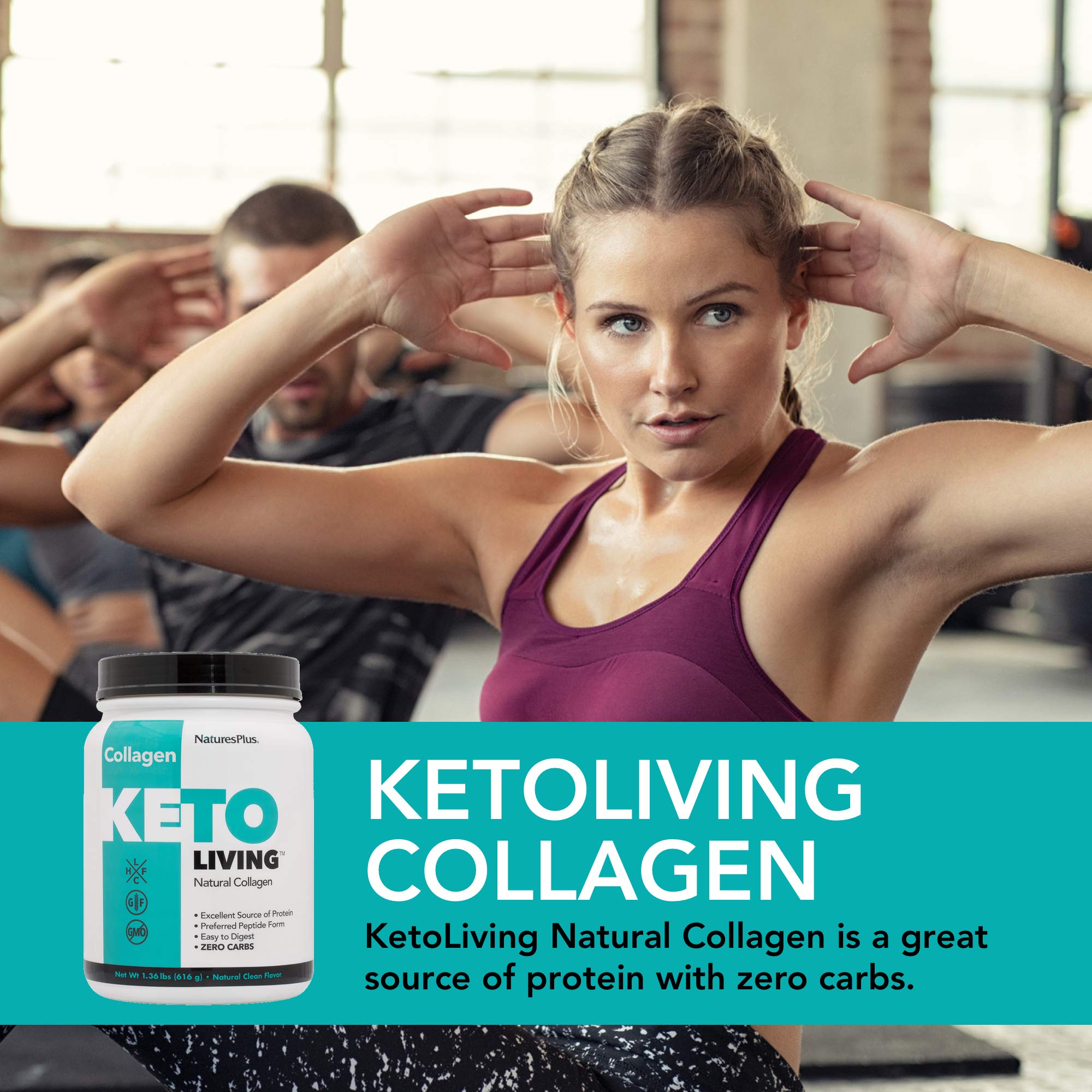 NaturesPlus KetoLiving powder dispense spoon demonstrates an easy neutral flavored mix for smoothies.
