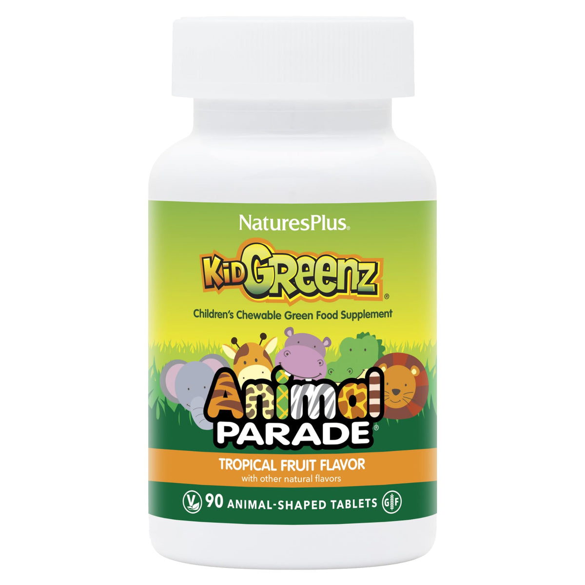 NaturesPlus KidGreenz tropical-fruit-chewable tablets for kids.