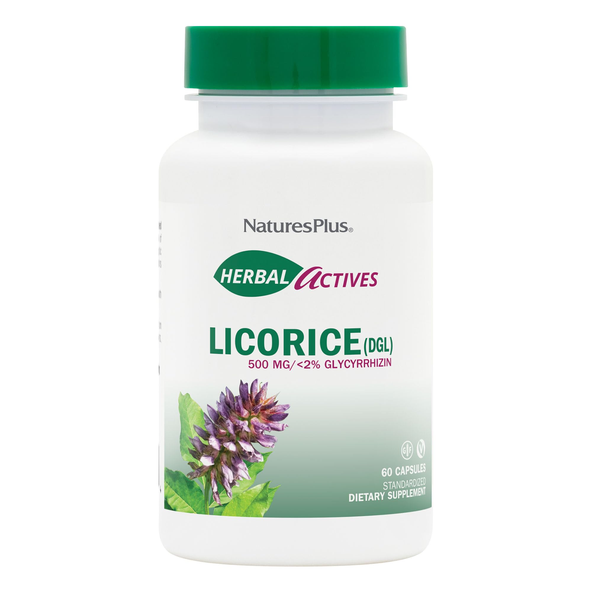 NaturesPlus Herbal Actives Licorice DGL bottle with 500 mg capsules showing digestive support benefits.