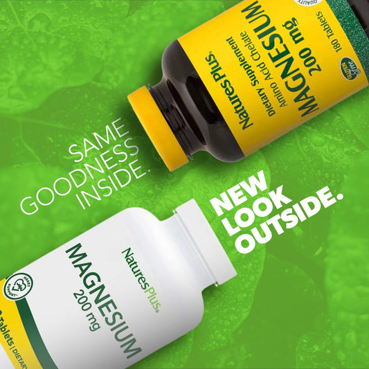 NaturesPlus Magnesium bottle close-up showing tablet texture and color.
