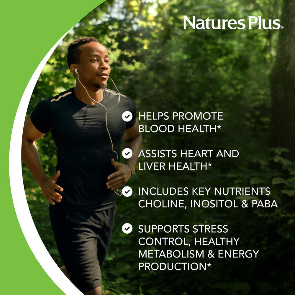NaturesPlus Mega B-100 label closeup shows gluten-free, vegetarian formula.