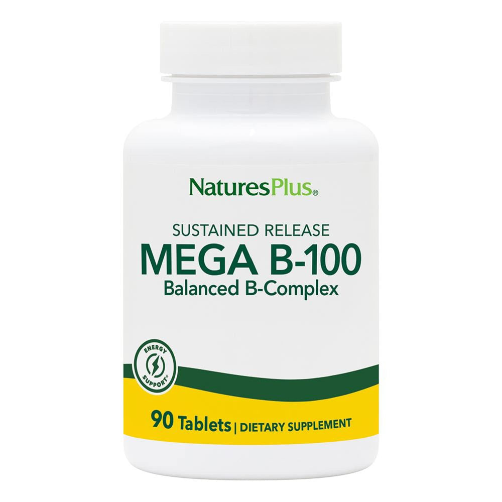 NaturesPlus Mega B-100 tablets bottle front showing high-potency B-complex support.