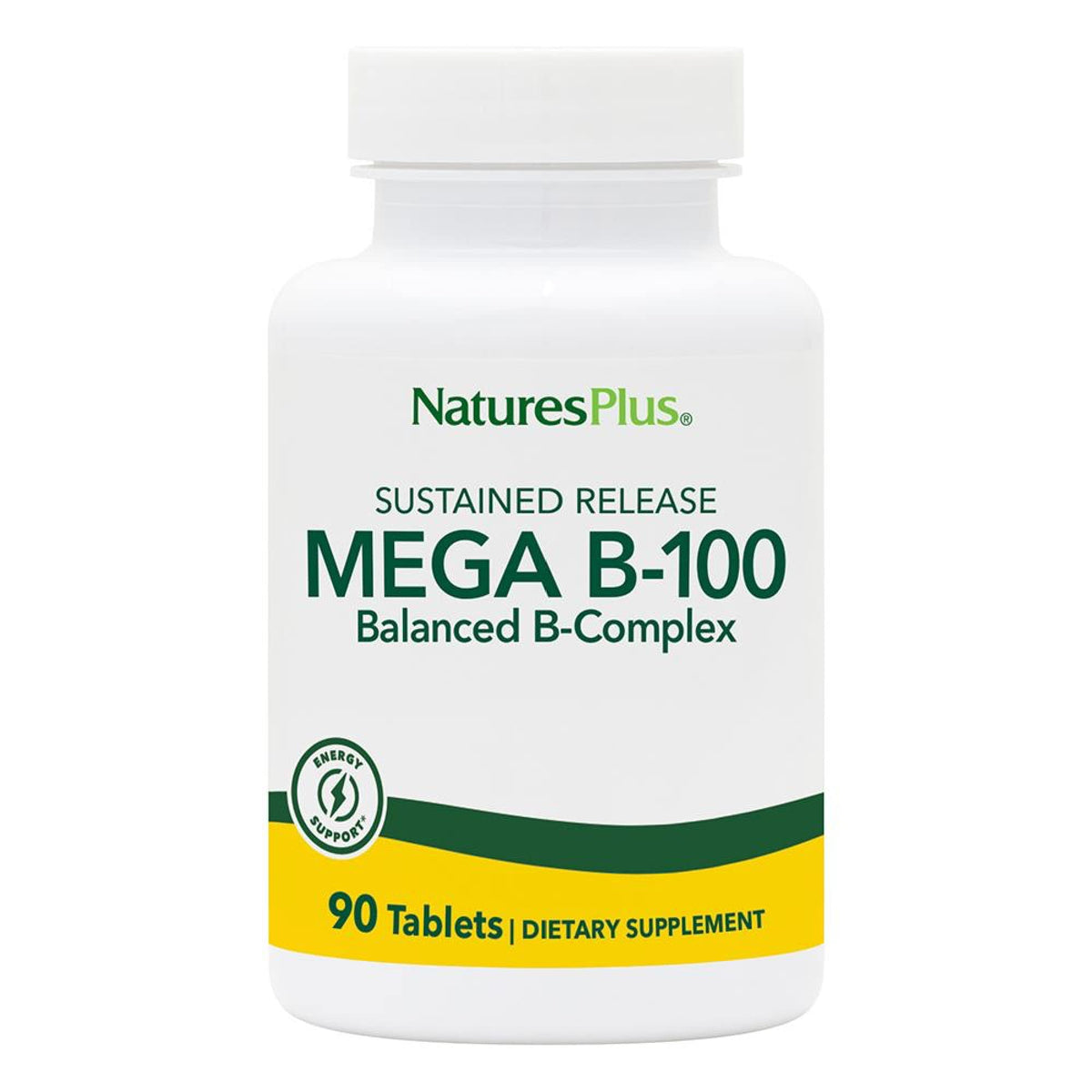 NaturesPlus Mega B-100 tablets bottle front showing high-potency B-complex support.