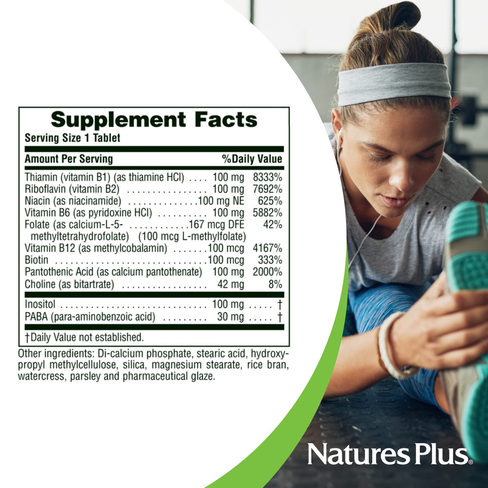 NaturesPlus Mega B-100 tablets in hand convey portable daily supplement.