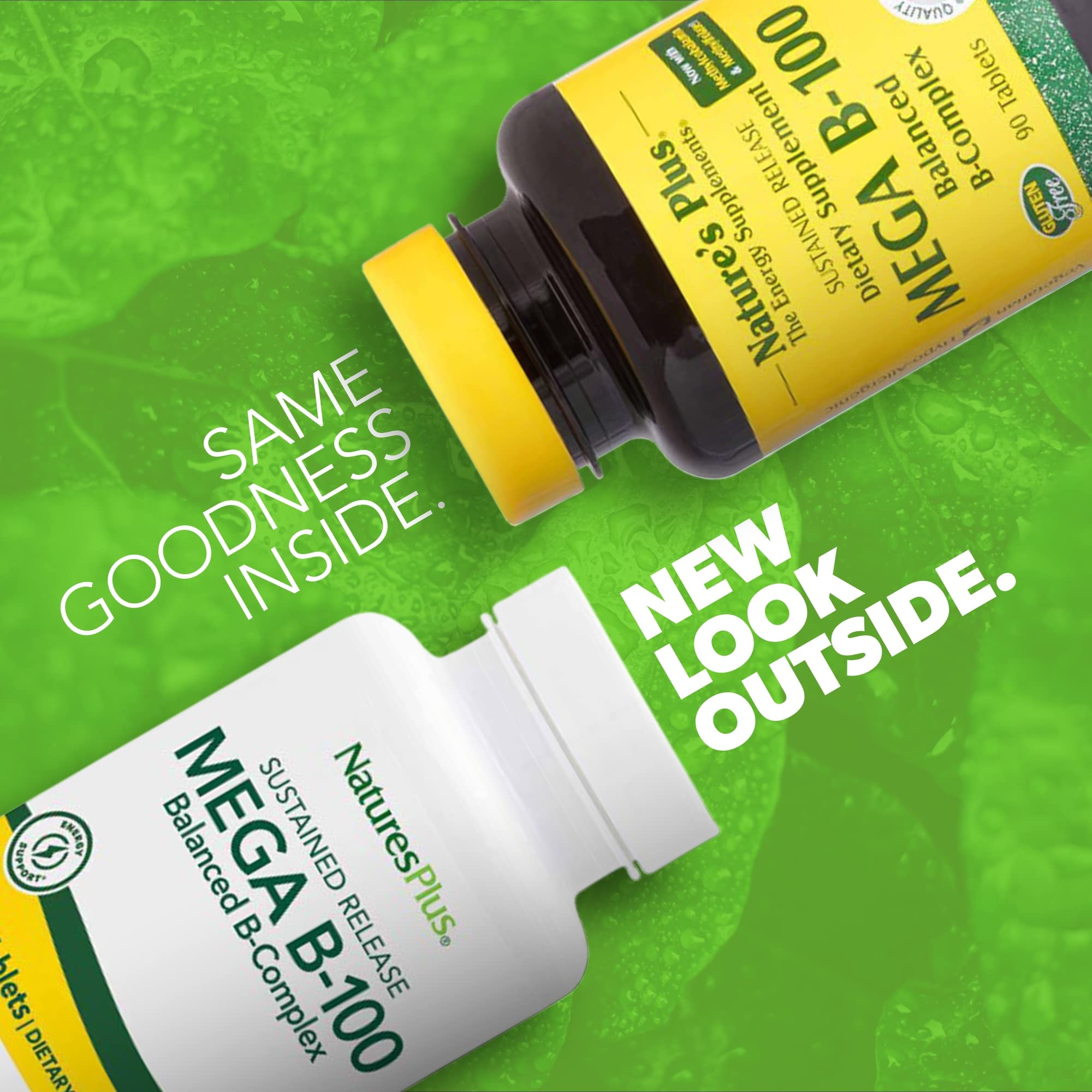 NaturesPlus Mega B-100 tablets out of pack highlight sustained release for steady daily energy.