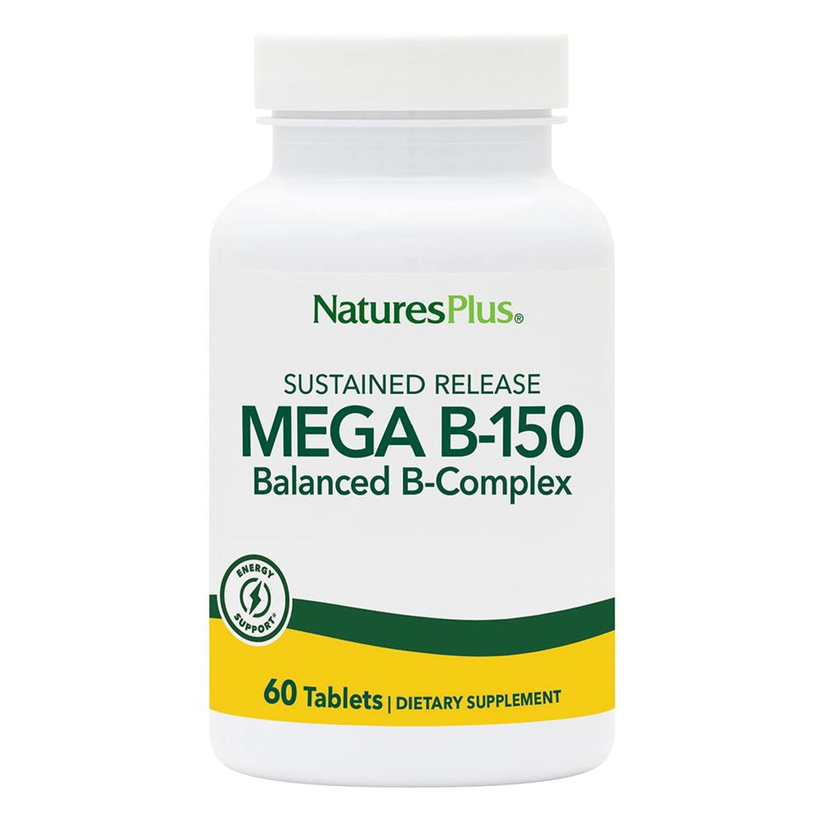 NaturesPlus Mega B-150 tablets front view in bottle showing label and potency