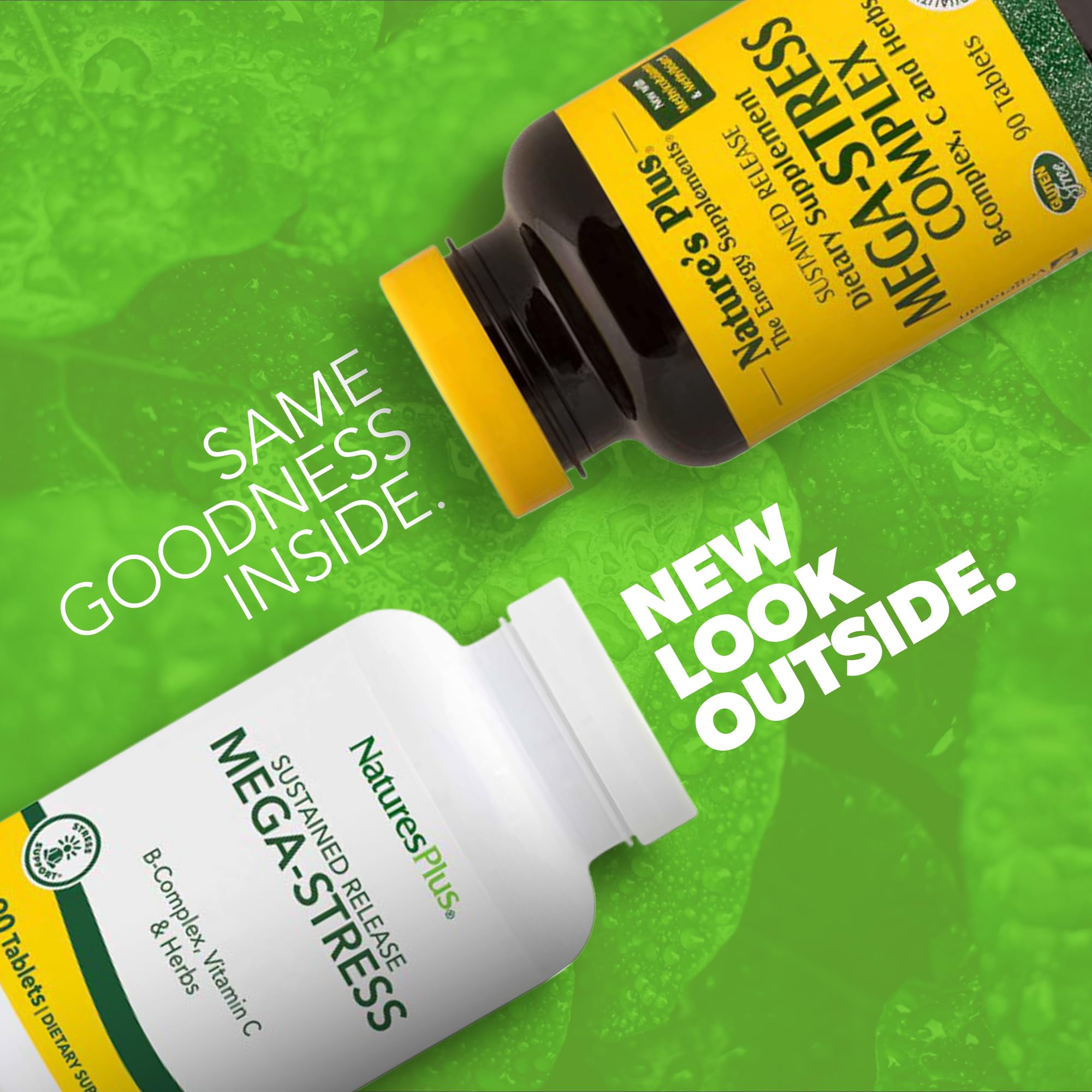 NaturesPlus Mega-Stress bottle label close-up highlighting B Complex and Vitamin C.