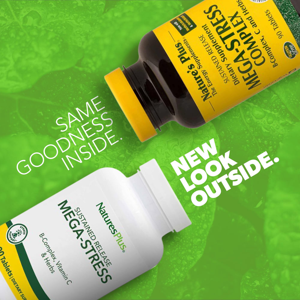 NaturesPlus Mega-Stress bottle label close-up highlighting B Complex and Vitamin C.