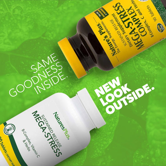 NaturesPlus Mega-Stress bottle label close-up highlighting B Complex and Vitamin C.