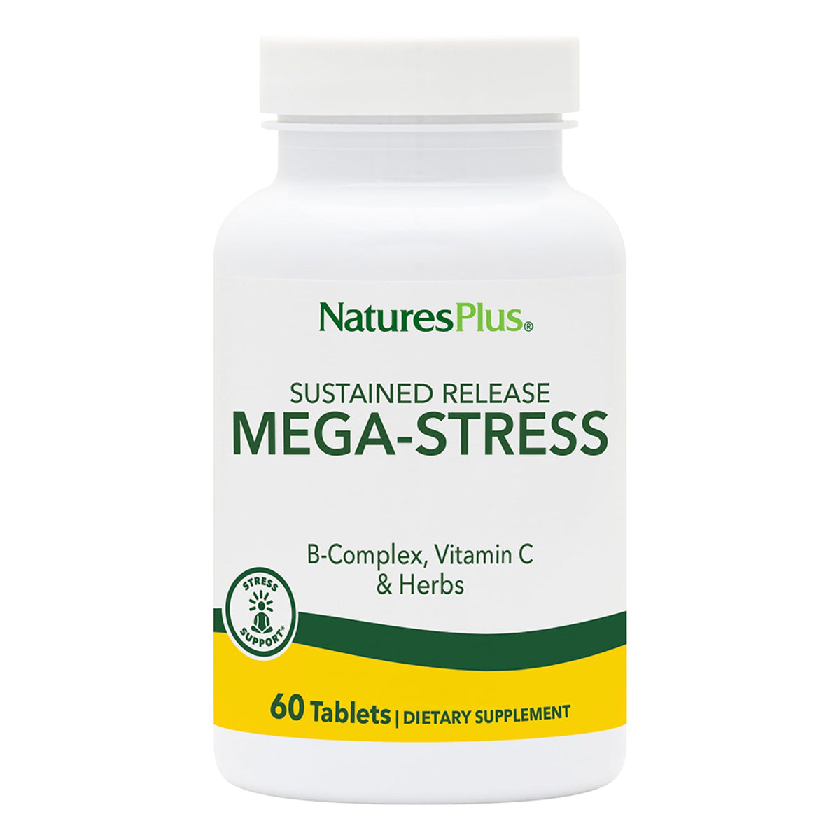 NaturesPlus Mega-Stress Complex bottle-front showcases the calming B vitamin blend for daily support.