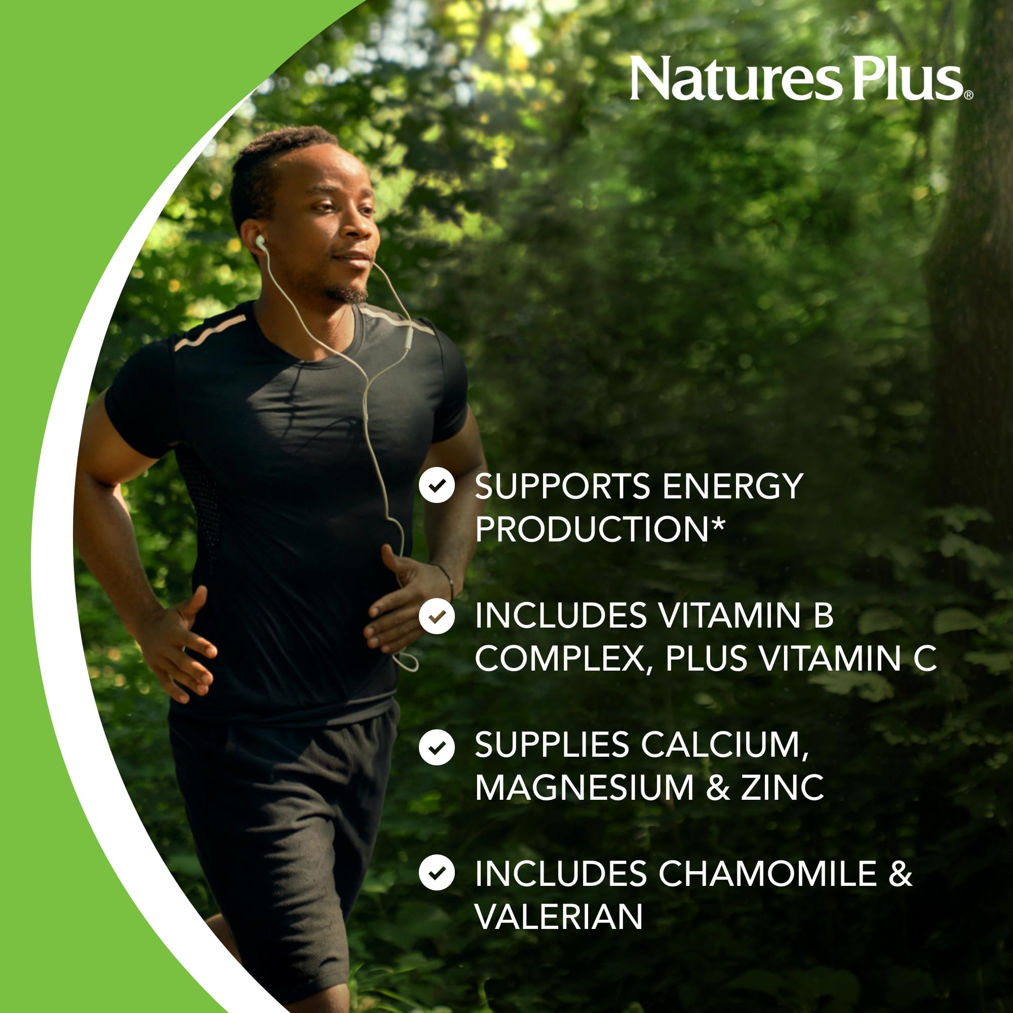 NaturesPlus Mega-Stress Complex chamomile-herbs image emphasizes natural calming notes.