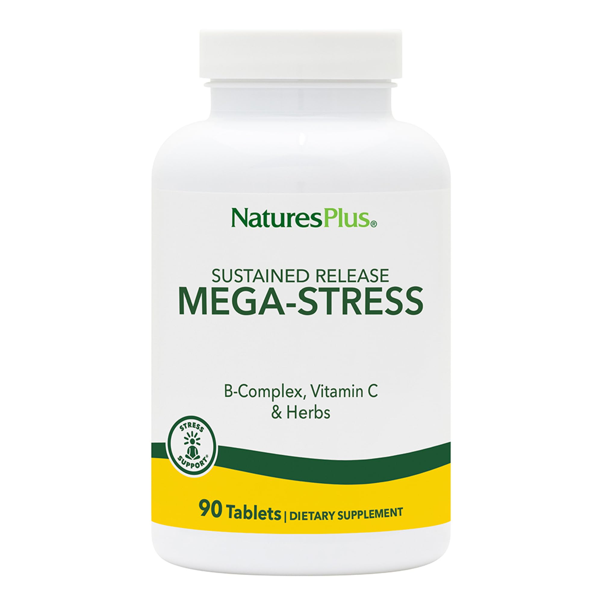 NaturesPlus Mega-Stress pack-shot with sustained-release tablets for daily support.