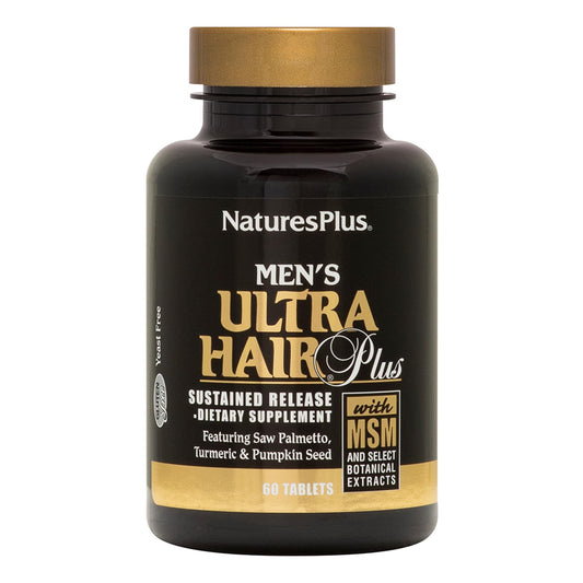 NaturesPlus Men's Ultra Hair Plus bottle front view showing product branding for hair support