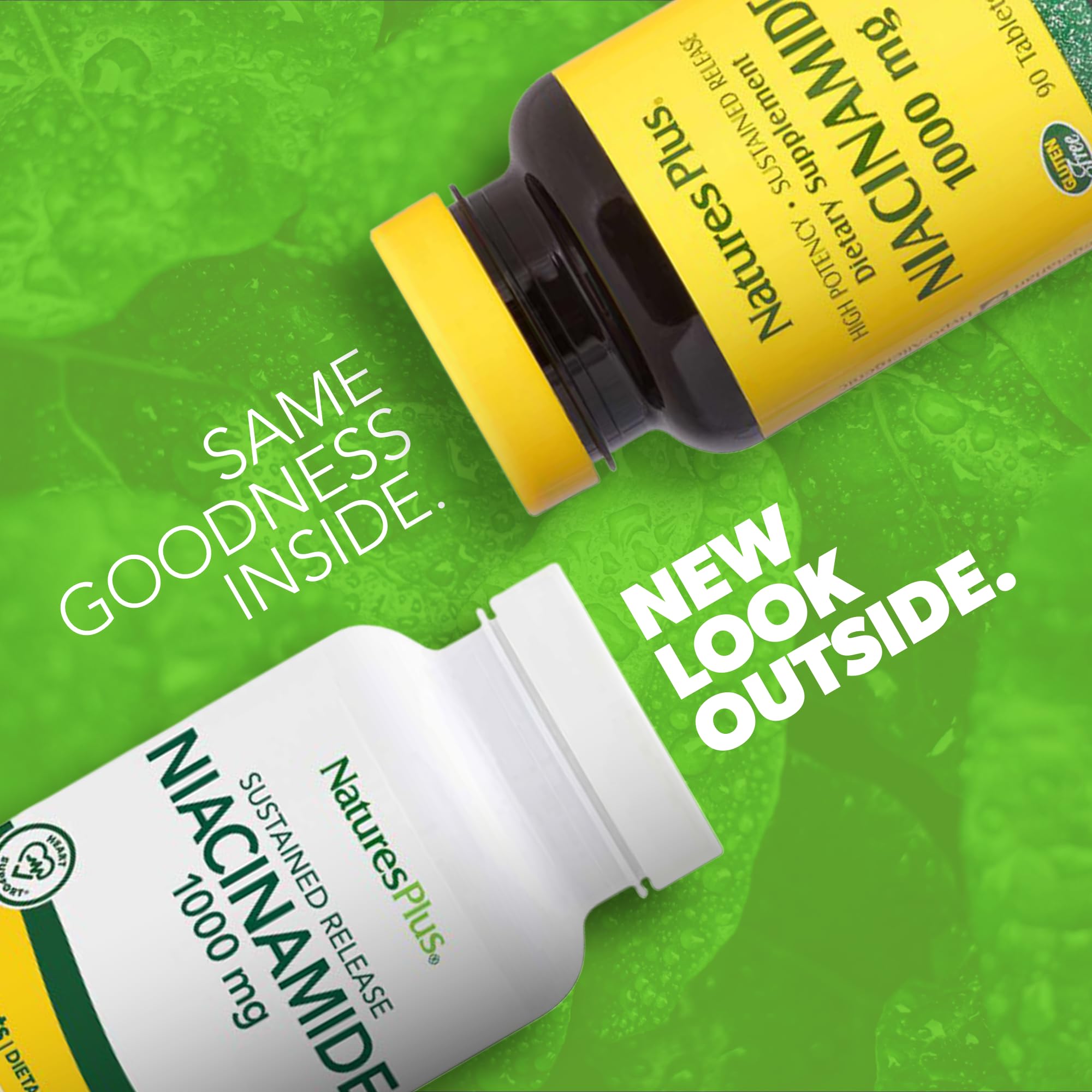 NaturesPlus Niacinamide 1000 mg tablets close-up showing sustained-release design