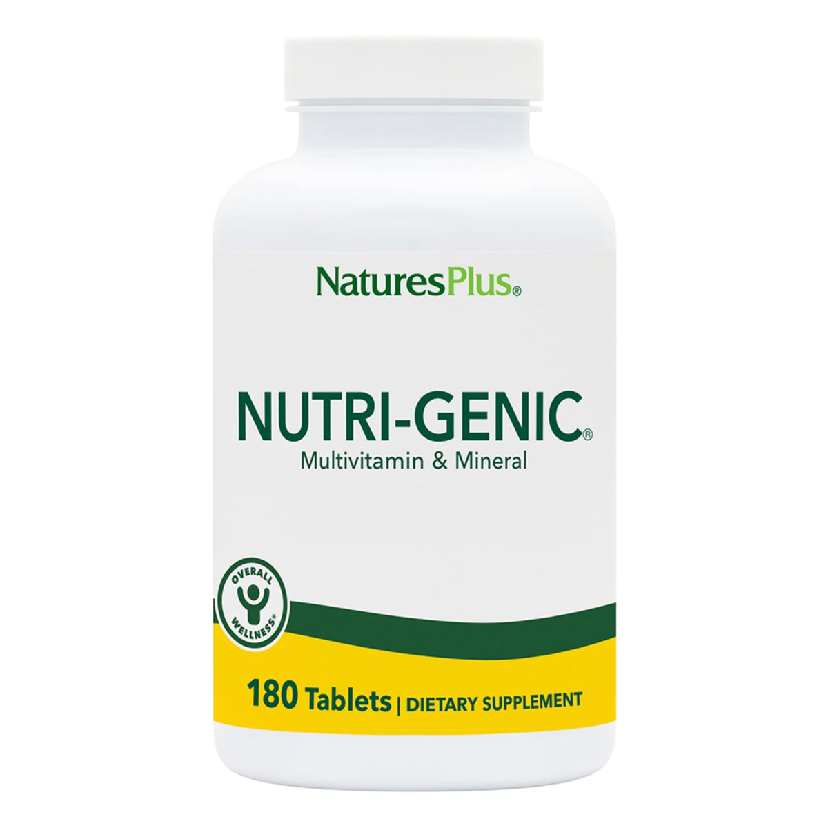 Nature's Plus Nutri-Genic bottle front shows vegetarian multivitamin design.