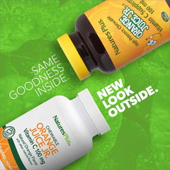NaturesPlus Orange Juice Jr. chewables with oval tablets ready for kids' daily vitamin C.