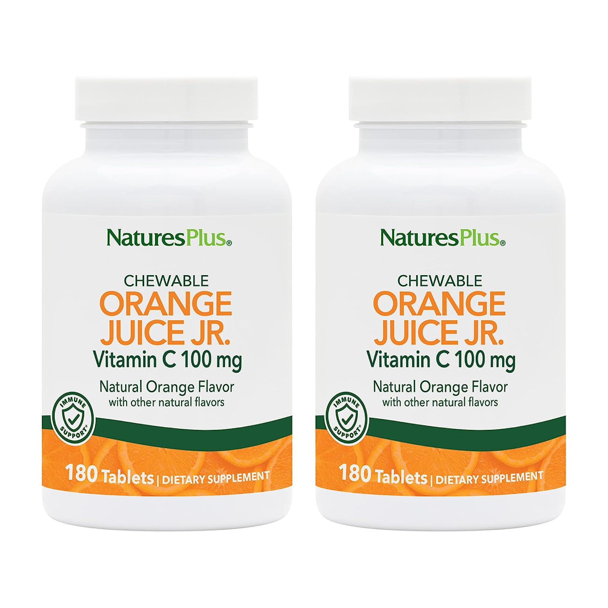 NaturesPlus Orange Juice Jr. pack-2 bottle shown for family nutrition with vitamin C.