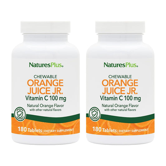 NaturesPlus Orange Juice Jr. pack-2 bottle shown for family nutrition with vitamin C.