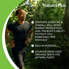 Icons highlight vegan, non-GMO, gluten-free qualities of NaturesPlus Organic Beet.