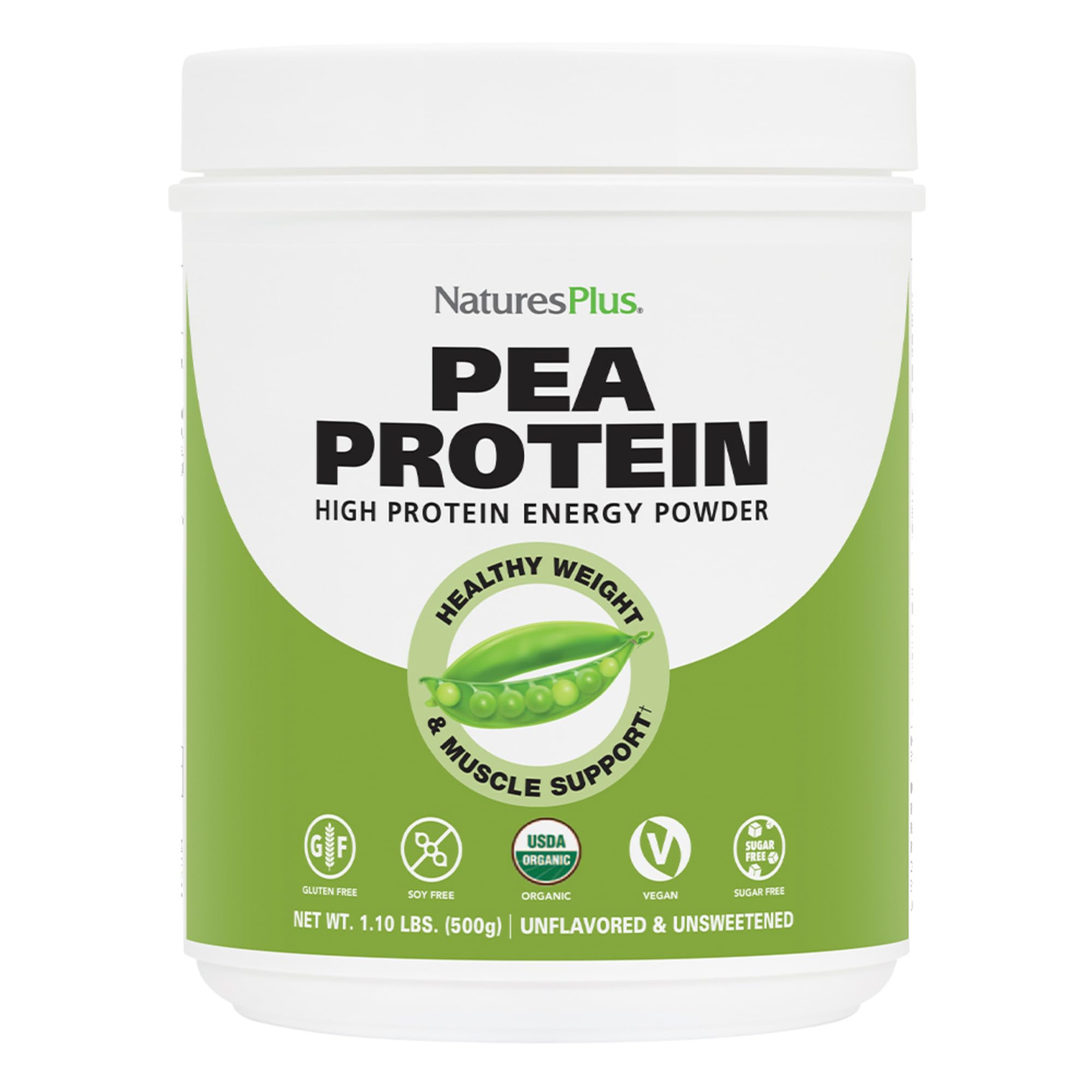 NaturesPlus Organic Pea Protein bottle front view for vegan energy and recovery support.