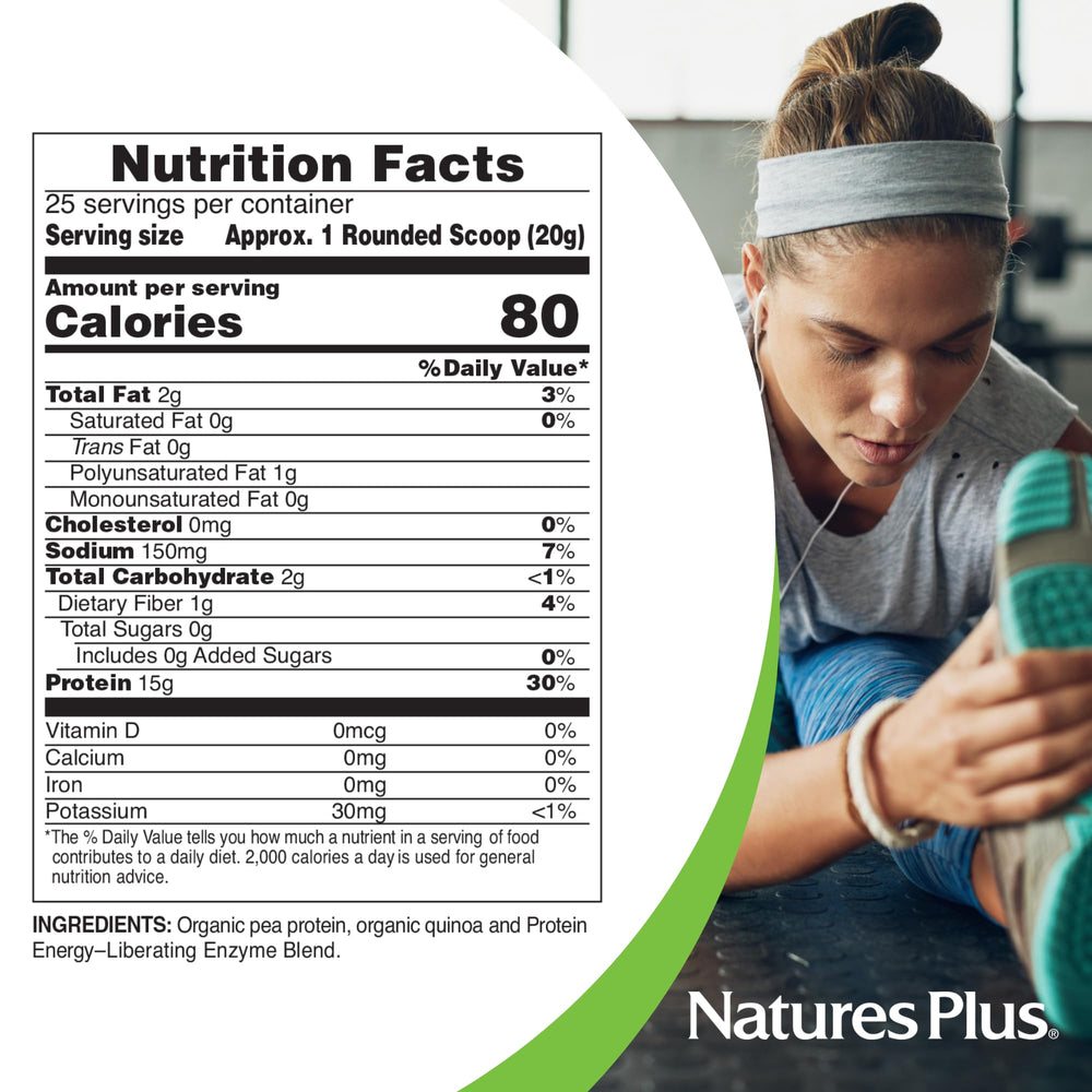 NaturesPlus Organic Pea Protein ingredient list highlights quinoa and enzymes.