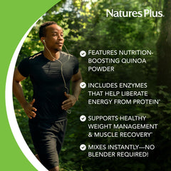 NaturesPlus Organic Pea Protein being poured into a glass for a quick shake.