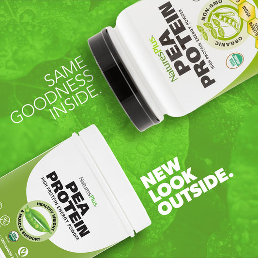 NaturesPlus Organic Pea Protein powder with scoop—unflavored, unsweetened for versatile use.