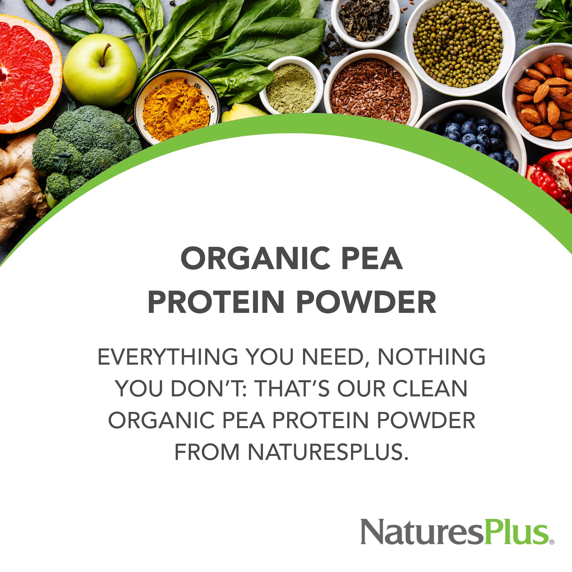 NaturesPlus Organic Pea Protein side-label shows USDA Organic certification.