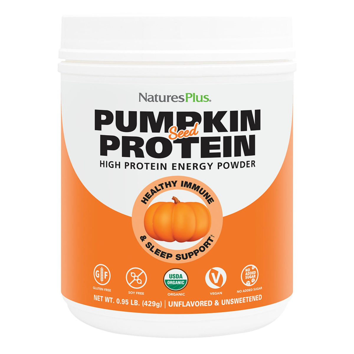 NaturesPlus Organic Pumpkin Seed Protein Powder tub front, plant-based protein.