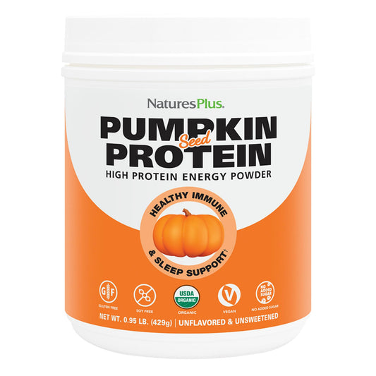 NaturesPlus Organic Pumpkin Seed Protein Powder tub front, plant-based protein.