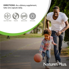 NaturesPlus organic-certified label with non-GMO and vegan seals.