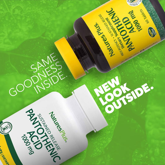 NaturesPlus Pantothenic Acid bottle label close-up showing sustained-release design and vegetarian formula