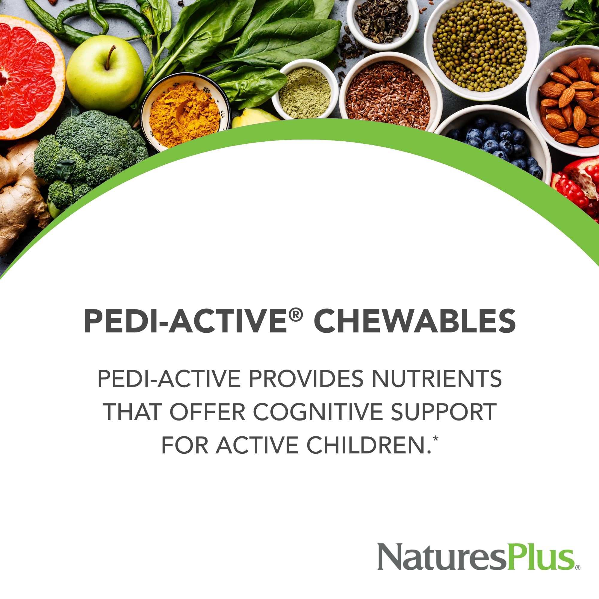 NaturesPlus Pedi-Active mixed berry chew tablets for daily kid-friendly supplementation.
