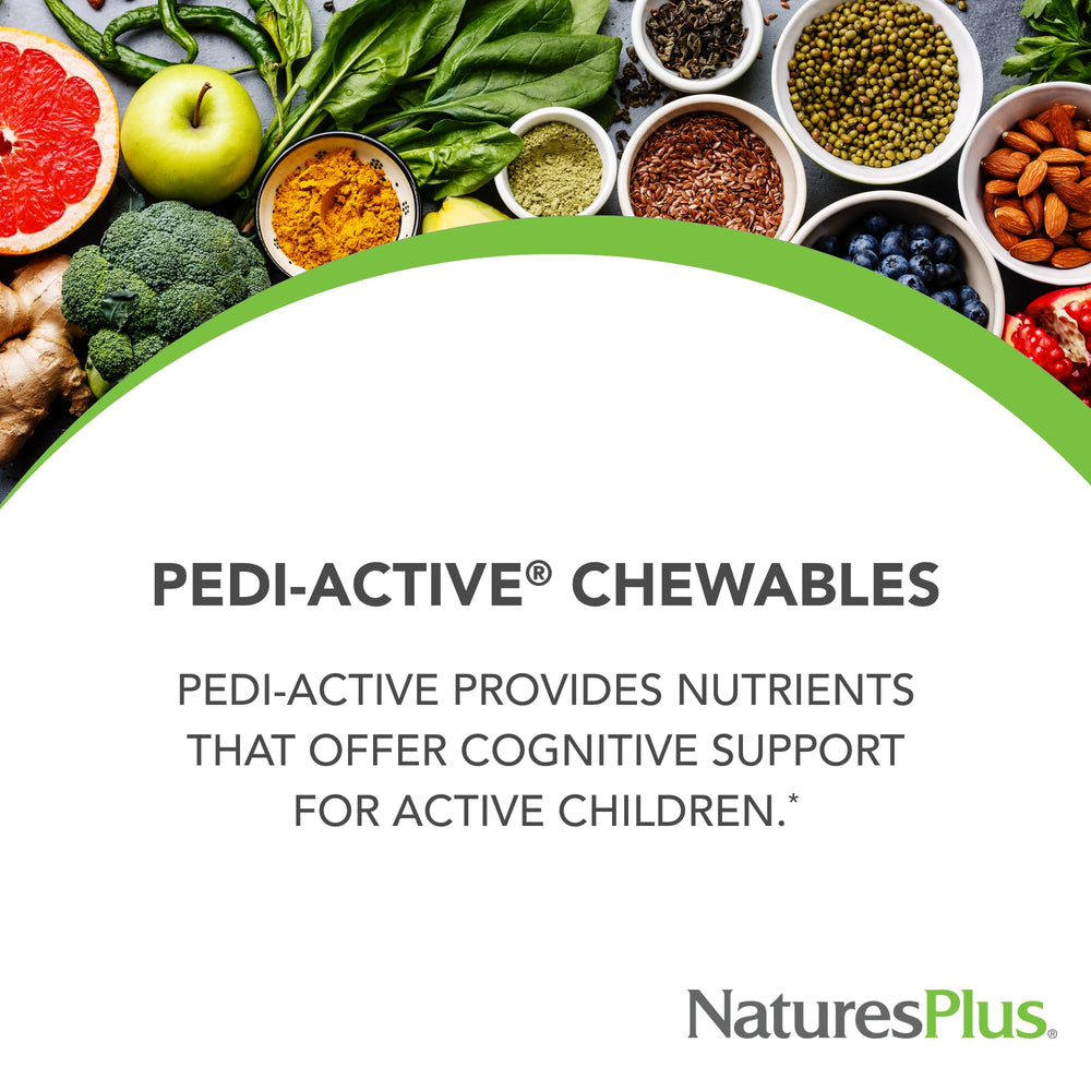 NaturesPlus Pedi-Active mixed berry chew tablets for daily kid-friendly supplementation.