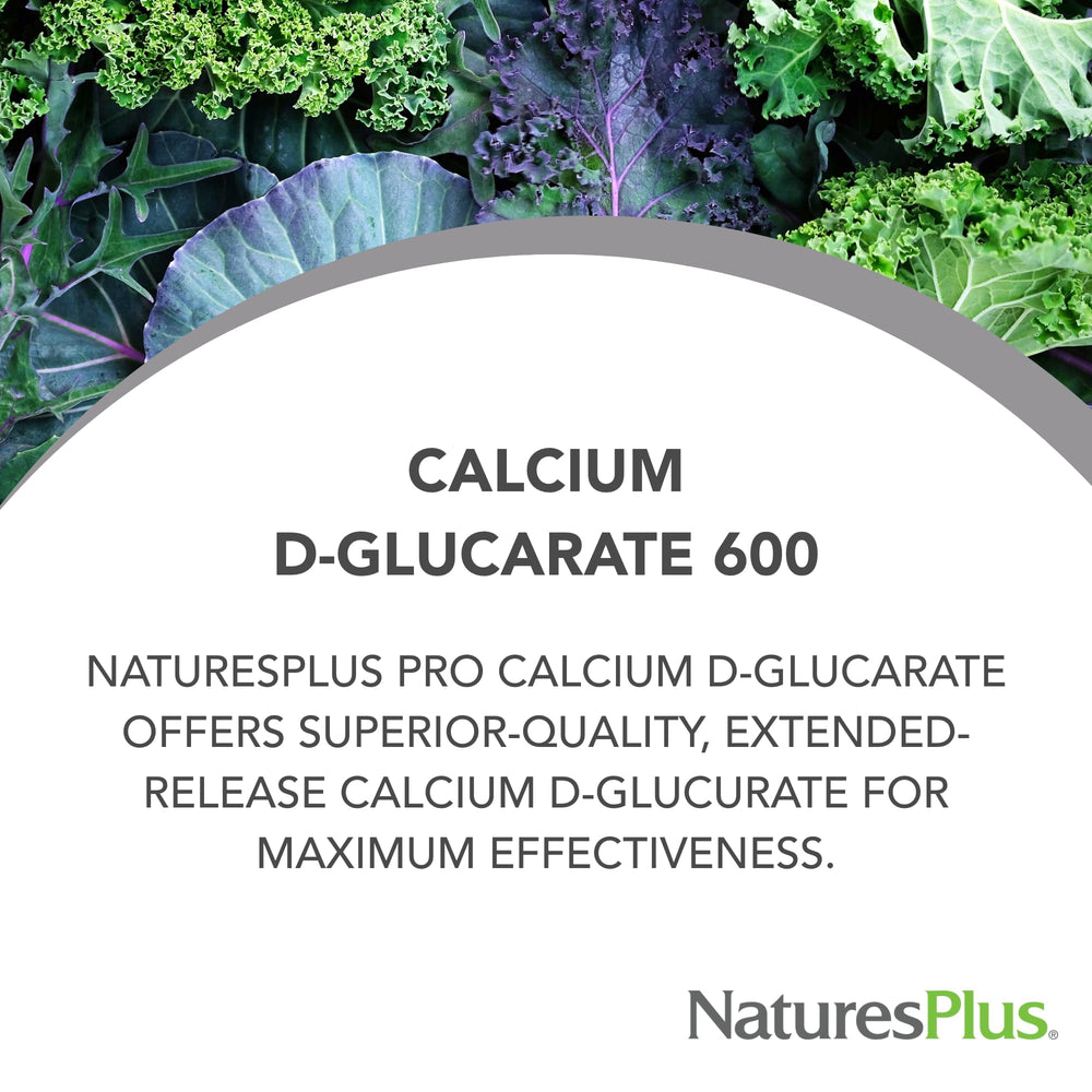 Close-up of NaturesPlus PRO Calcium D-Glucarate capsules highlighting vegan formula.
