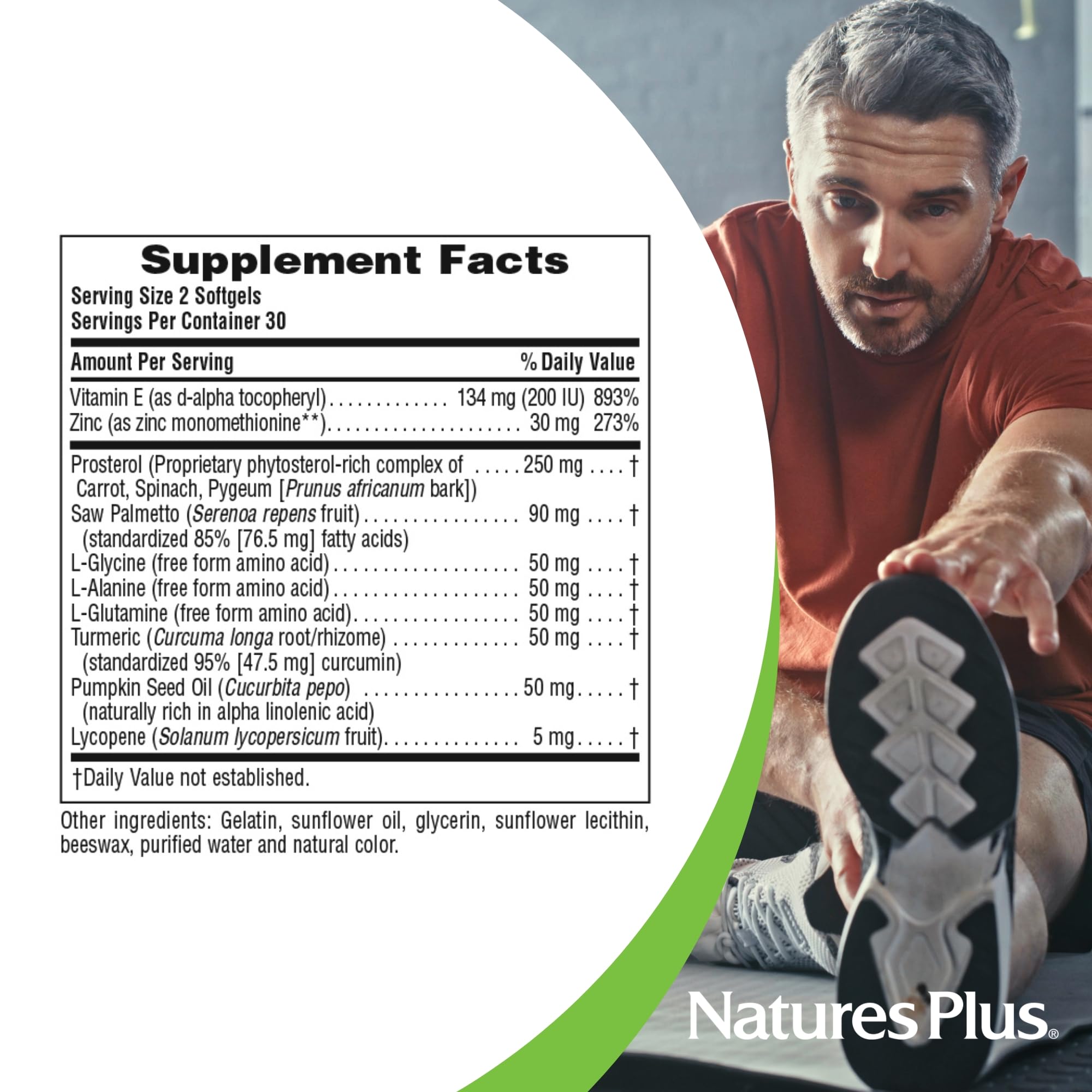 NaturesPlus ProstActin capsules with golden turmeric tint, suggesting premium formulation