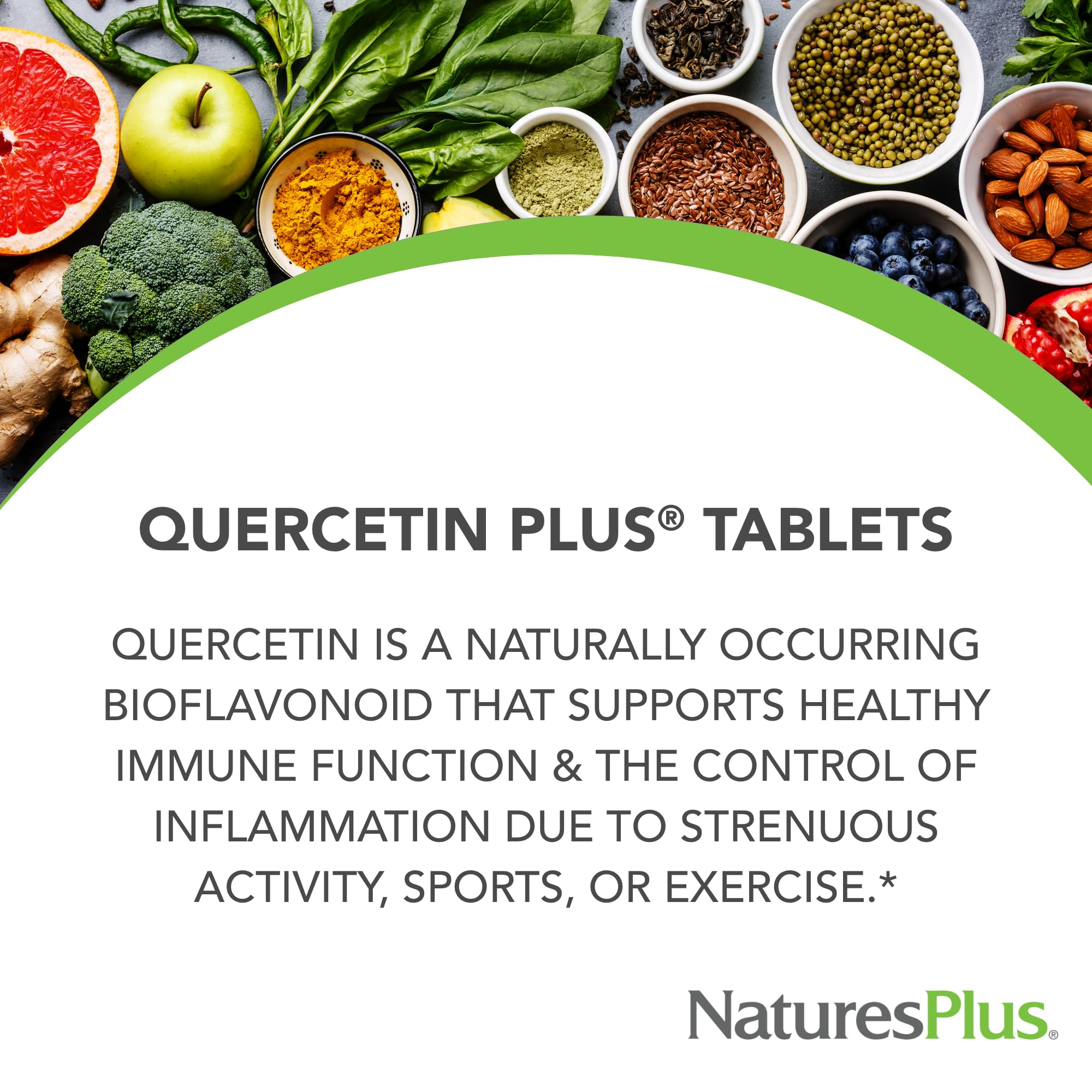 NaturesPlus Quercetin Plus label emphasizes gluten-free, hypoallergenic formulation.