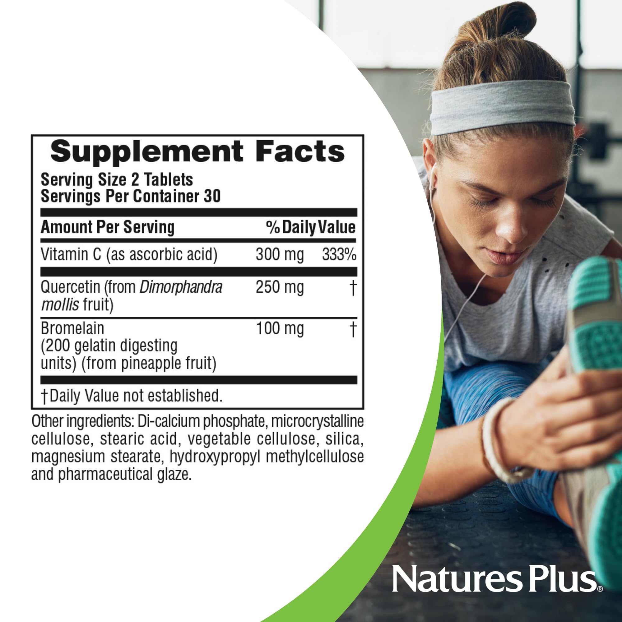 NaturesPlus Quercetin Plus packaging highlights vegetarian and gluten-free attributes.