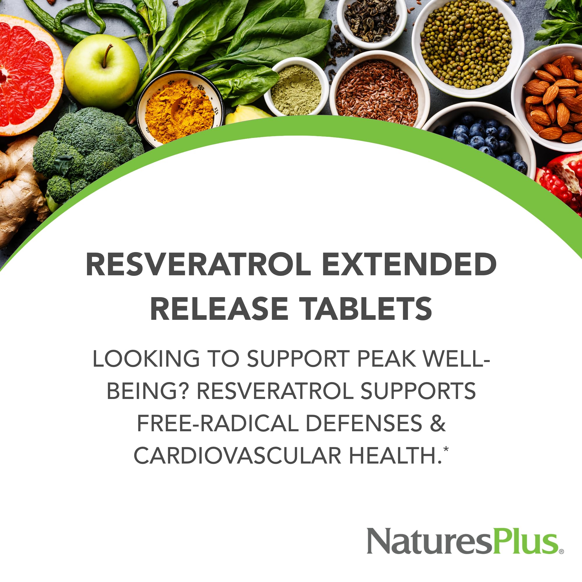 NaturesPlus Resveratrol tablets close-up shows standardized dosing for consistent use.