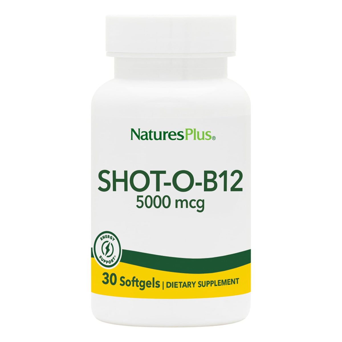 NaturesPlus Shot-O-B12 bottle front, gluten-free energy support