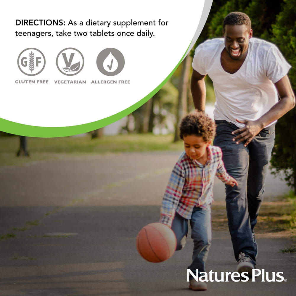 NaturesPlus Source of Life Power Teen vegetarian formula symbol on label signals plant-based option.