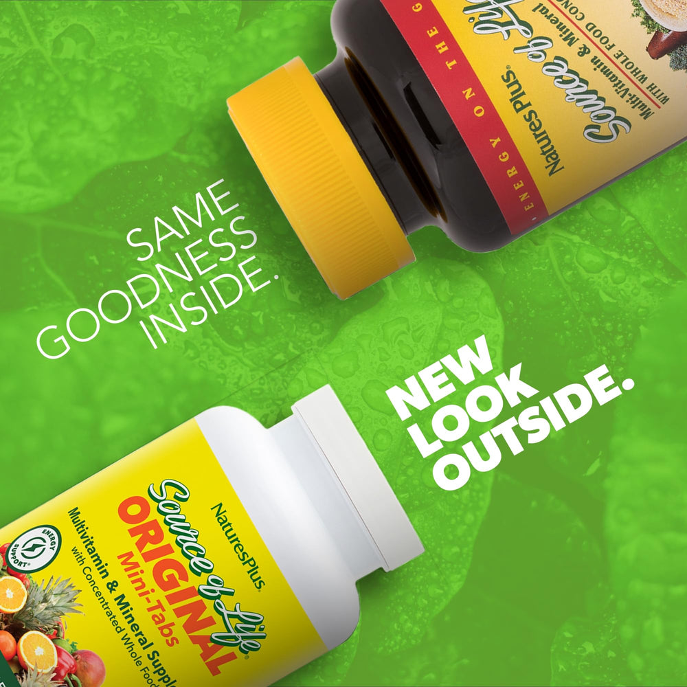 NaturesPlus Source of Life 360 Mini-Tabs tablets closeup highlighting easy-to-swallow form