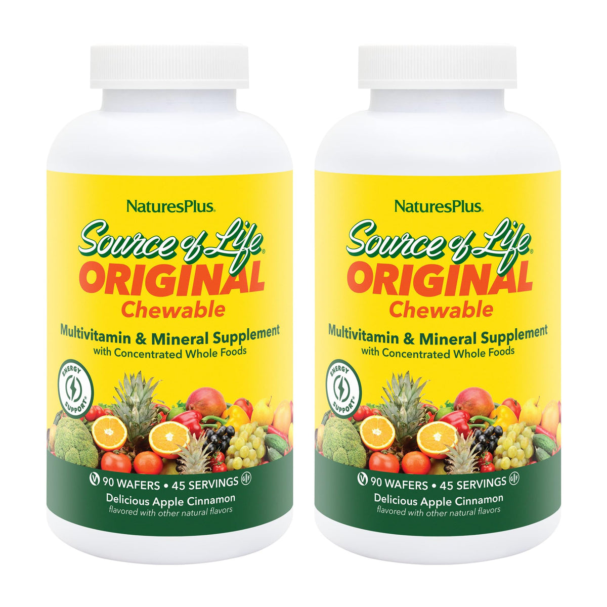 NaturesPlus Source of Life chewable apple cinnamon wafers for convenient daily vitamins.