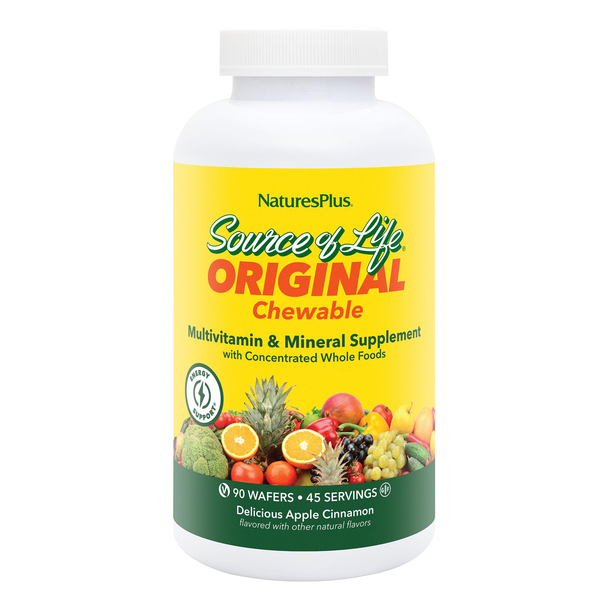 NaturesPlus Source of Life Adults chewable bottle front shows apple cinnamon flavor for daily wellness.