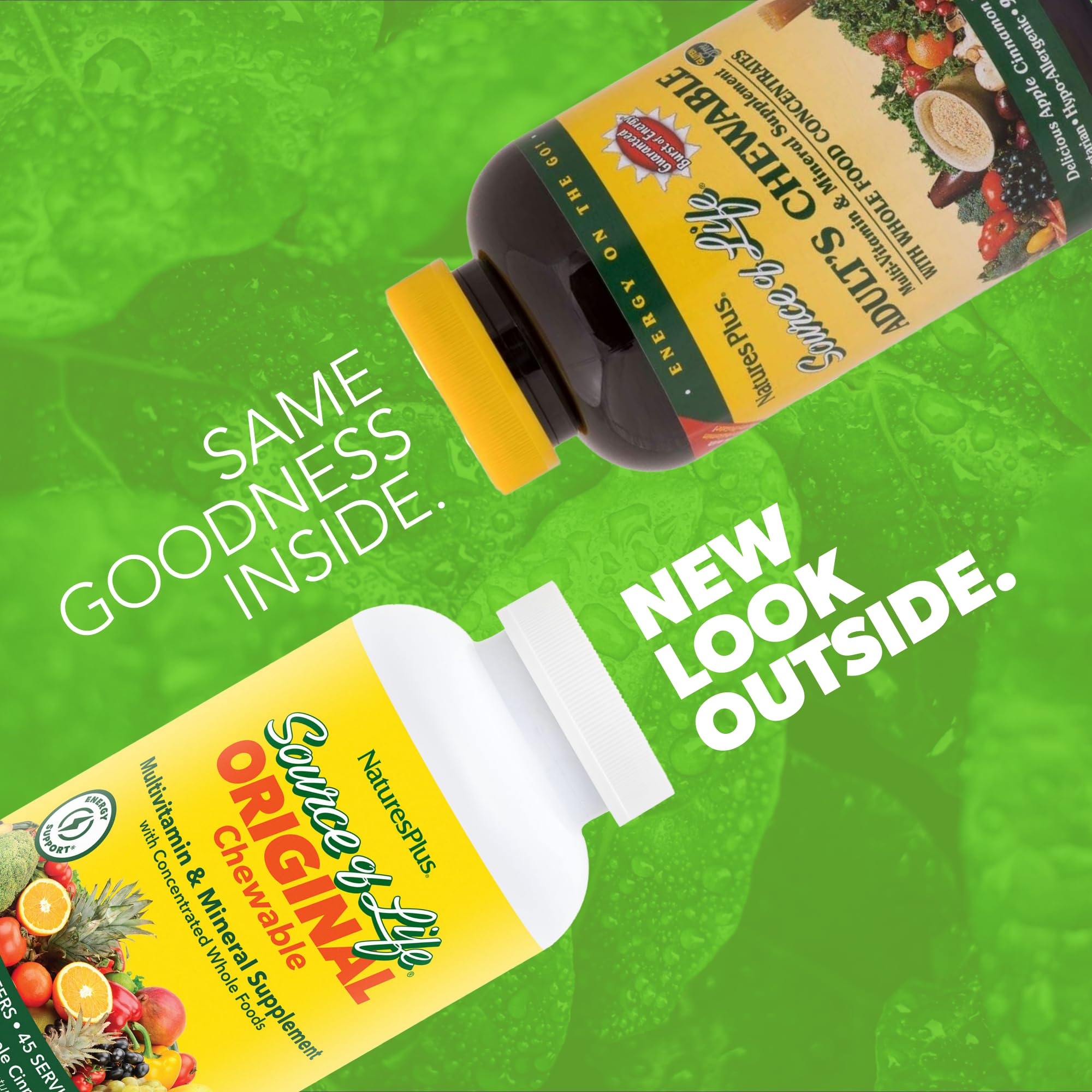 NaturesPlus Source of Life Adults chewable bottle nutrition panel highlights vitamin D3 and digestion.