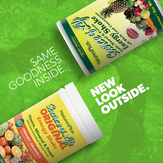 NaturesPlus Source of Life Energy Shake creamy granola serving scoop highlights convenient prep