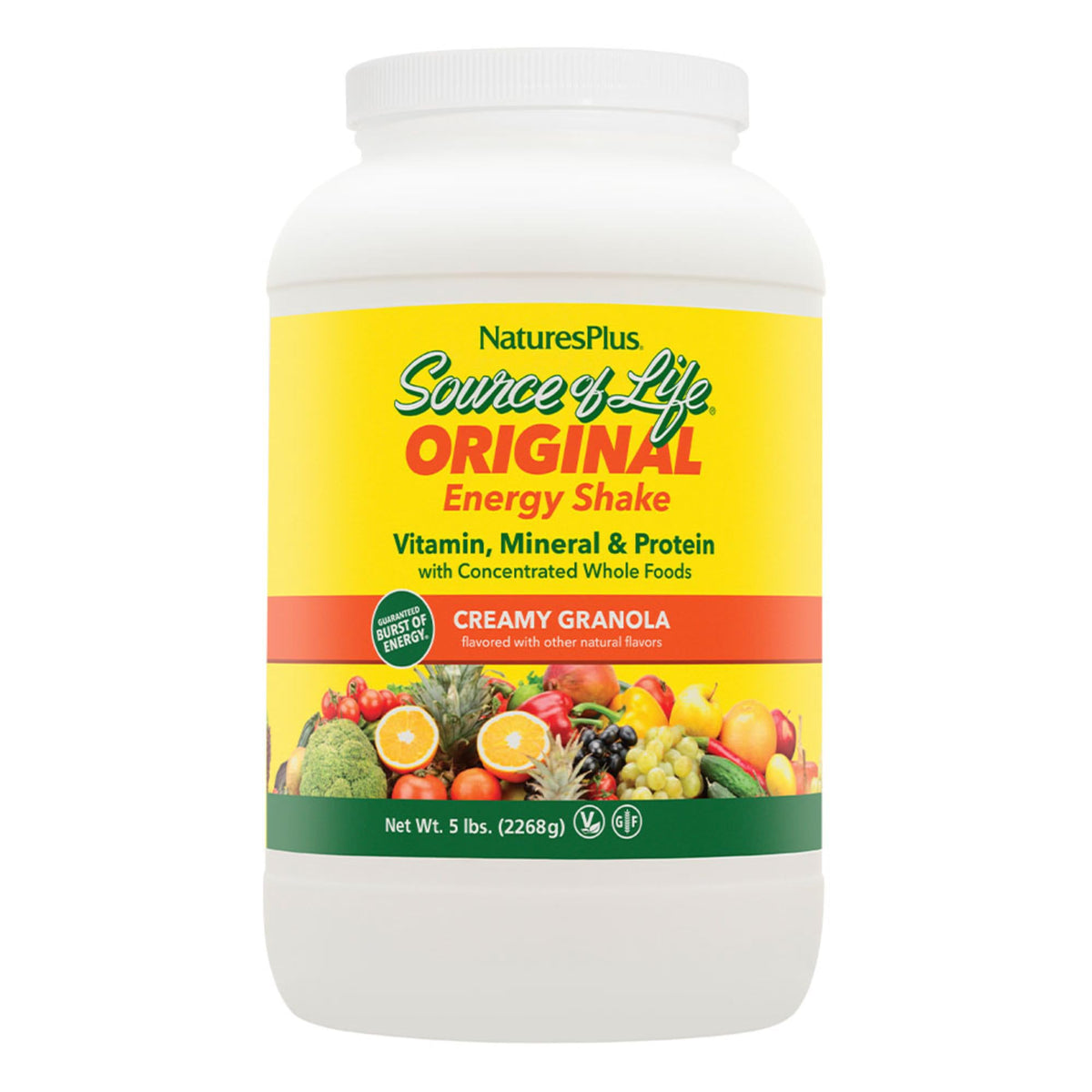 NaturesPlus Source of Life Energy Shake granola flavor powder for daily nutrition.