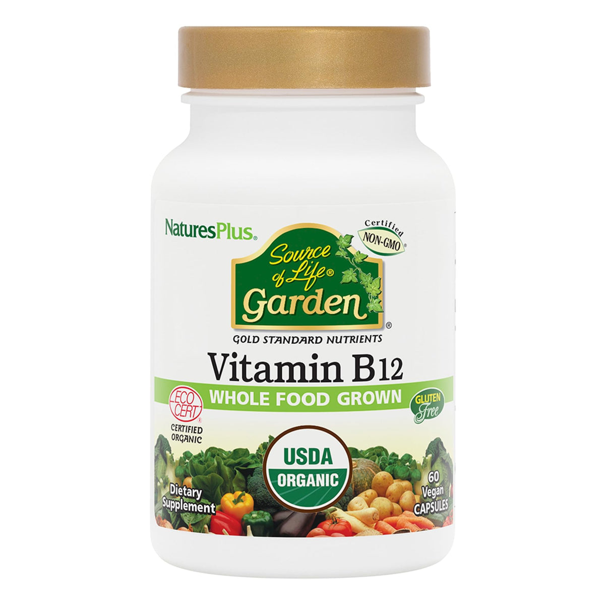 NaturesPlus Source of Life Garden B12 bottle front with organic label for daily energy.